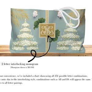 May include: A large tote bag with a light blue background, featuring a gold and white floral design. The bag has a white rope handle and a gold monogram. The text on the image says "2 letter interlocking monogram".