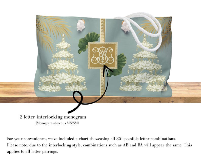 May include: A large tote bag with a light blue background, featuring a gold and white floral design. The bag has a white rope handle and a gold monogram. The text on the image says "2 letter interlocking monogram".