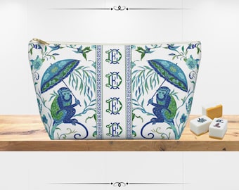 Sac de Mahjong personnalisé | Fourre-tout mahjong monogrammé Singe chinoiserie | Cadeau de mahjong