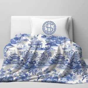 Manta estilo chinoiserie azul y blanca / Decoración estilo chinoiserie para el hogar / Manta estilo chinoiserie / Decoración asiática / Decoración estilo chinoiserie para el hogar azul y blanco