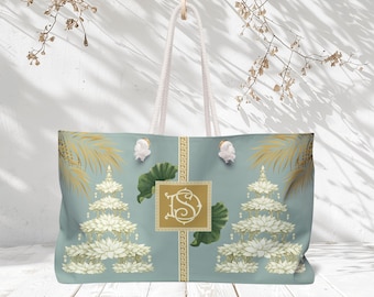 Personalized White Lotus Floral Mahjong Bag | Chinoiserie Custom Monogrammed Tote | Mahjong Player Gift for Her