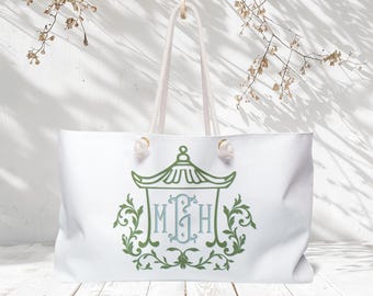 Personalized Pagoda Floral Chinoiserie Mahjong Bag | 3 Initial Blue and Green Monogram | Tote Bag