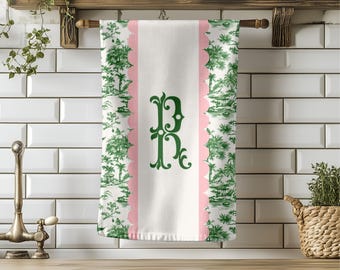 Green and White Toile Monogram Kitchen Towel | Personalized Tea Towel | Custom Monogram Gift | For Hostess | Floral Kitchen Hand Towel