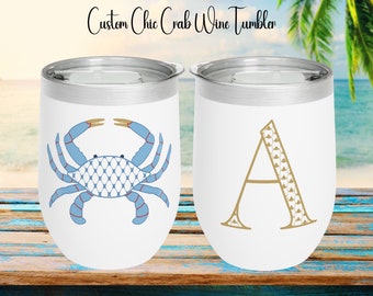 Custom Chic Crab & Monogram Wine Tumbler | Beach Wine Tumbler | Personalized Beach Gifts | Coastal Wine Tumbler | Beach Theme Insulated Mug