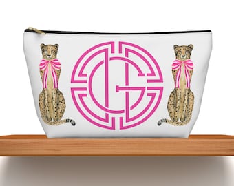 Hot Pink Personalized Medallion Monogram Accessory Pouch with Chinoiserie Cheetahs | Custom Makeup Bag | Personalized Monogram Cosmetic Bag