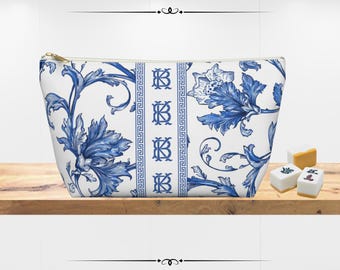 Personalized Floral Mahjong Tile Bag | Monogrammed Travel Bag | Blue and White