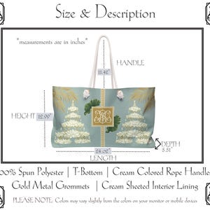 May include: A tote bag with a light blue background featuring a floral design and a gold monogram. The bag has cream-colored rope handles and gold metal grommets. The bag is 24 inches long, 12.99 inches high, and 5.51 inches deep.