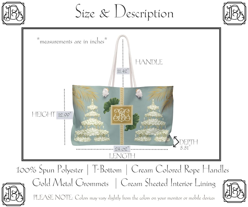 May include: A tote bag with a light blue background featuring a floral design and a gold monogram. The bag has cream-colored rope handles and gold metal grommets. The bag is 24 inches long, 12.99 inches high, and 5.51 inches deep.