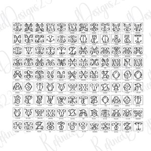 May include: A grid of black and white monogram designs, each within a square frame. The monograms feature ornate, swirling letter styles, showcasing various initials. The image is a catalog of design options.
