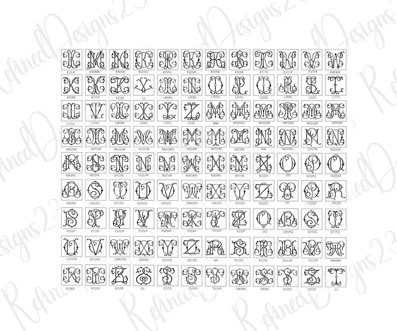 May include: A grid of black and white monogram designs, each within a square frame. The monograms feature ornate, swirling letter styles, showcasing various initials. The image is a catalog of design options.