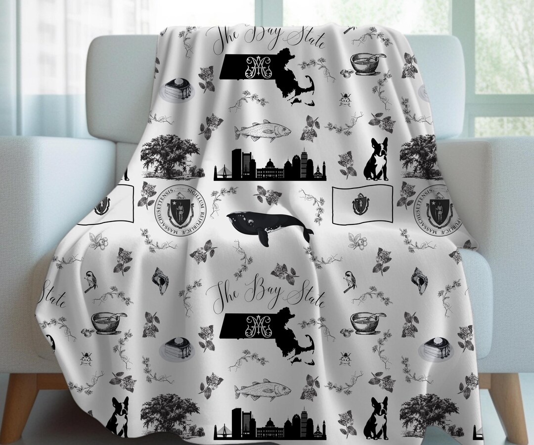 Massachusetts Toile Throw Blanket the Bay State Massachusetts