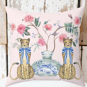 Pink Chinoiserie Cheetah and Floral Pillow | Floral Pillow Decor | Cheetah Accent Pillow | Gift for Her | Pretty Decorative Printed Pillow