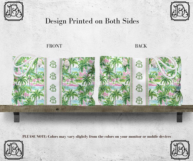 May include: Tote bag with a tropical design featuring palm trees, pink flamingos, and a light blue water scene. The bag has white rope handles and a vertical stripe with a repeating anchor symbol. The text "Design Printed on Both Sides" is visible.