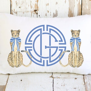 Blue Personalized Medallion Monogram Lumbar Pillow with Chinoiserie Cheetahs | Custom Monogram Throw Pillow | Chinoiserie Decor Gift |