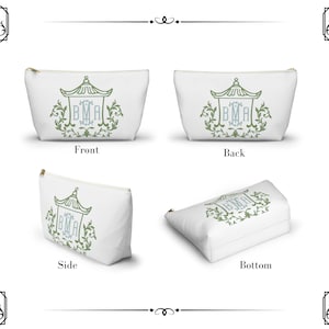 Personalized Pagoda Floral Mahjong Tile Bag | 3 Initial Monogram |Bridal Party Gift | Makeup & Travel Cosmetic Bag| Blue and Green image 4