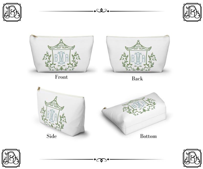 Personalized Pagoda Floral Mahjong Tile Bag | 3 Initial Monogram |Bridal Party Gift | Makeup & Travel Cosmetic Bag| Blue and Green image 4