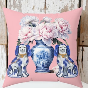 Chinoiserie Pillow Staffordshire Dog Twins | Chinoiserie Decor | Pink Modern Chinoiserie Throw Pillow | Staffordshire Dogs | Pretty Pillows