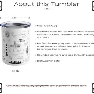 May include: White stainless steel tumbler with a black and white design featuring various landmarks and text that says "The Tar Heel State". The tumbler is 10 ounces and has a double wall interior. It is dishwasher safe.