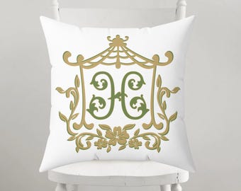 Personalized Monogram Chinoiserie Pillow | Green and Gold Floral Pagoda | Preppy Home Decor | College Decor Dorm Gift for Her | Pillow Cover