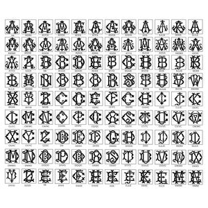 May include: A grid of black and white monogram designs, each within a rectangular frame. The monograms feature various combinations of letters, including A, B, C, D, E, and others, in an ornate, decorative style.