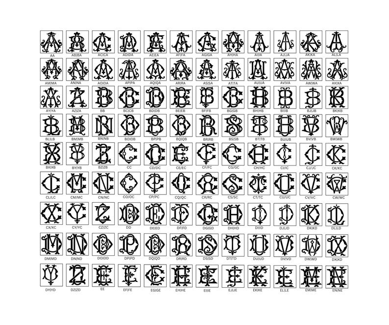 May include: A grid of black and white monogram designs, each within a rectangular frame. The monograms feature various combinations of letters, including A, B, C, D, E, and others, in an ornate, decorative style.