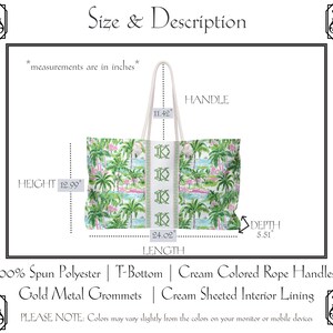 May include: A tote bag with a tropical print featuring palm trees and flamingos. The bag has cream-colored rope handles and a green and white border with the letter "K". Measurements: 12.99" height, 24.02" length, and 5.51" depth.