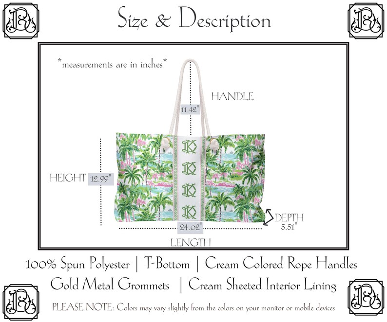 May include: A tote bag with a tropical print featuring palm trees and flamingos. The bag has cream-colored rope handles and a green and white border with the letter "K". Measurements: 12.99" height, 24.02" length, and 5.51" depth.