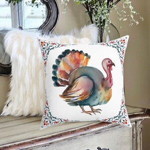 Decorative Thanksgiving Watercolor Turkey Pillow | Thanksgiving Home Decor | Fall Throw Pillow | Fall Home Decor | Pretty Fall Pillows image 3
