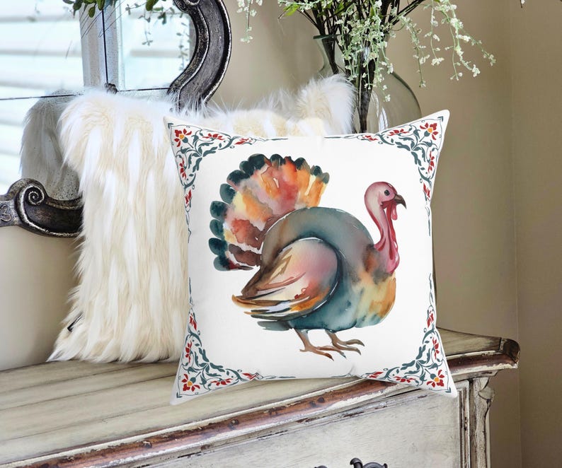 Decorative Thanksgiving Watercolor Turkey Pillow | Thanksgiving Home Decor | Fall Throw Pillow | Fall Home Decor | Pretty Fall Pillows image 3