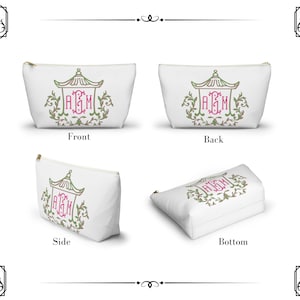 Personalized Pagoda Floral Mahjong Tile Bag | 3 Initial Monogram |Bridal Party Gift | Makeup & Travel Cosmetic Bag| Green and Pink image 4