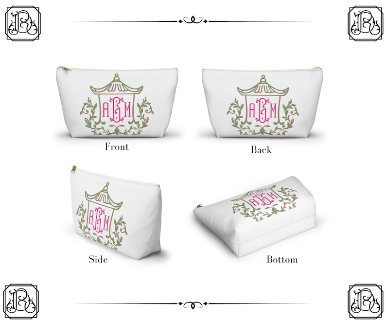 Personalized Pagoda Floral Mahjong Tile Bag | 3 Initial Monogram |Bridal Party Gift | Makeup & Travel Cosmetic Bag| Green and Pink image 4