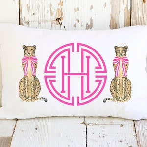 Hot Pink Personalized Medallion Monogram Lumbar Pillow with Chinoiserie Cheetahs | Custom Monogram Throw Pillow | Chinoiserie Decor