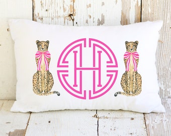 Hot Pink Personalized Medallion Monogram Lumbar Pillow with Chinoiserie Cheetahs | Custom Monogram Throw Pillow | Chinoiserie Decor