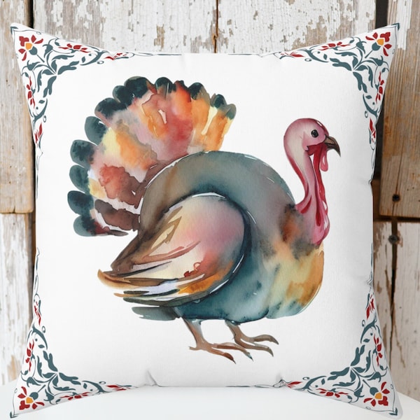 Decorative Thanksgiving Watercolor Turkey Pillow | Thanksgiving Home Decor | Fall Throw Pillow | Fall Home Decor | Pretty Fall Pillows