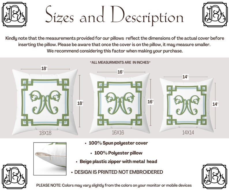 Peut inclure: Coussins d&eacute;coratifs blancs avec des motifs g&eacute;om&eacute;triques verts et bleu clair et un monogramme. Les coussins sont disponibles en tailles 45x45, 40x40 et 35x35 cm. Le motif est imprim&eacute; sur une housse 100% polyester fil&eacute; avec une fermeture &eacute;clair en plastique beige.