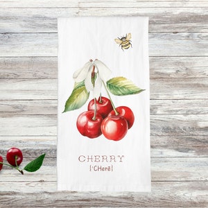 Cherry Tea Towel | Cherries Towel | Summer Gift | Pretty Kitchen Dish Towel | Cotton Flour Sac Towel | Cherry Lover Gift for Her