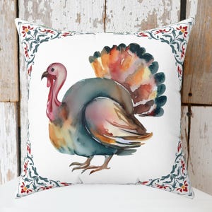 Decorative Thanksgiving Watercolor Turkey Pillow | Thanksgiving Home Decor | Fall Throw Pillow | Fall Home Decor | Pretty Fall Pillows image 1