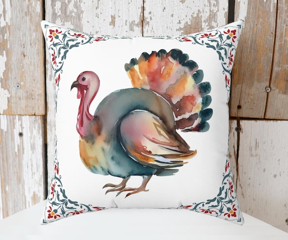 Decorative Thanksgiving Watercolor Turkey Pillow | Thanksgiving Home Decor | Fall Throw Pillow | Fall Home Decor | Pretty Fall Pillows
