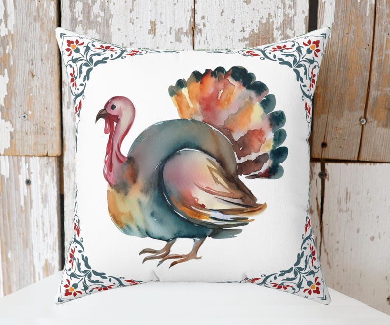 Decorative Thanksgiving Watercolor Turkey Pillow | Thanksgiving Home Decor | Fall Throw Pillow | Fall Home Decor | Pretty Fall Pillows image 1
