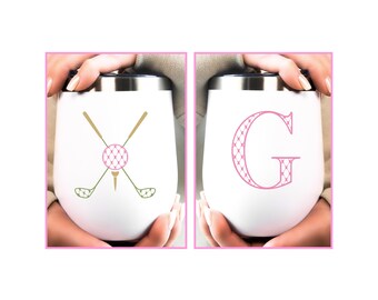 Golf Wine Tumbler for Women | Personalized Golf Gifts for Her | Pink and Green Preppy Monogrammed Golf Insulated Wine Tumbler | 12oz