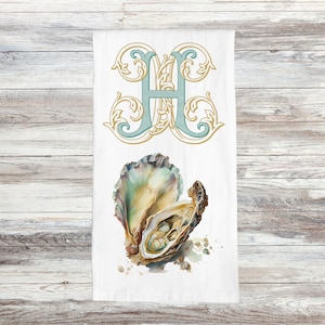 Oyster Tea Towel | Personalized Tea Towel | Coastal Kitchen Towel | Watercolor Oyster Shells | Monogrammed | Coastal Home Decor Gift for Her