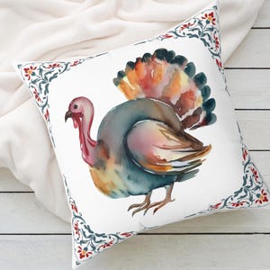 Decorative Thanksgiving Watercolor Turkey Pillow | Thanksgiving Home Decor | Fall Throw Pillow | Fall Home Decor | Pretty Fall Pillows image 2
