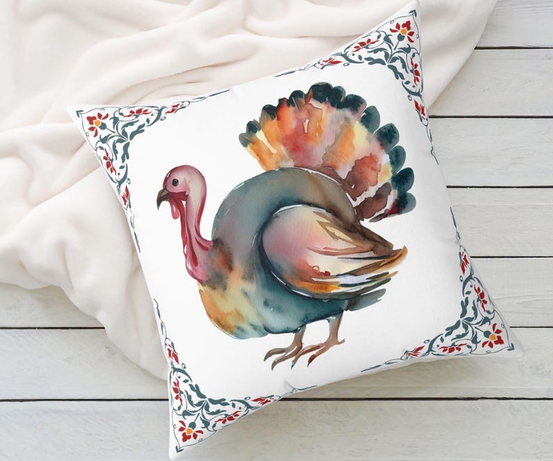 Decorative Thanksgiving Watercolor Turkey Pillow | Thanksgiving Home Decor | Fall Throw Pillow | Fall Home Decor | Pretty Fall Pillows image 2