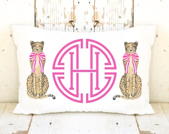 Hot Pink Personalized Medallion Monogram Lumbar Pillow with Chinoiserie Cheetahs | Custom Monogram Throw Pillow | Chinoiserie Decor