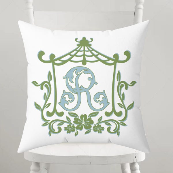 Personalized Monogram Chinoiserie Pillow | Blue and Green Floral Pagoda | Preppy Home Decor | College Decor Dorm Gift for Her | Pillow Cover