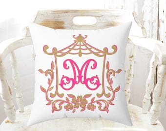 Monogram Chinoiserie Pillow | Pagoda Frame | Hot Pink and Gold | Personalized Pillow Covers | Preppy Home Decor | College Dorm Decor