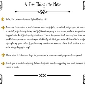 May include: A white background with the text "A Few Things to Note" and additional text. The text includes a welcome message from Laura, information about made-to-order items, and a thank you message. Decorative flourishes and a logo are also present.