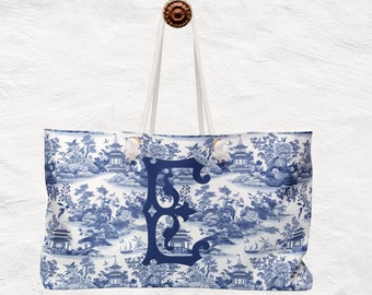 Personalized Blue and White Preppy Weekender Bag | Monogram Beach Bag | Grand Millennial Style Travel Bag | Chinoiserie Print Tote Bag