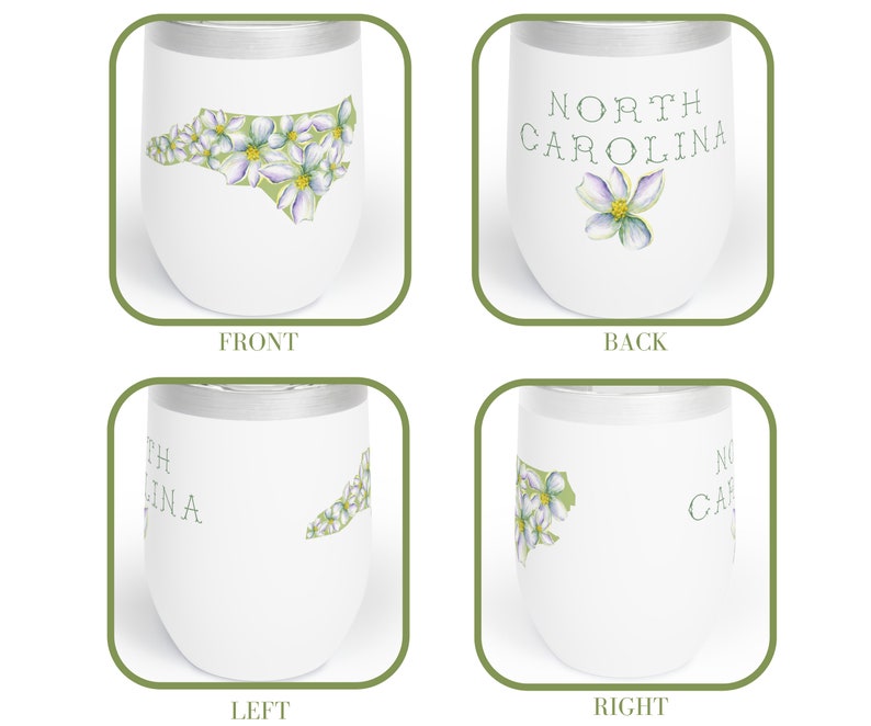 May include: White stainless steel tumbler with a green outline of the state of North Carolina and white flowers. The back of the tumbler says "NORTH CAROLINA" with a single white flower.