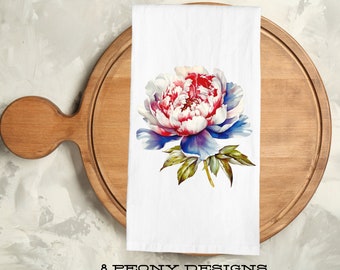 Red White and Blue Peony Tea Towel | Patriotic Towel | Holiday July 4th Memorial Day Decor | Patriotic Hostess Gift | Flour Sack Towel